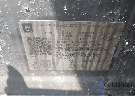 2021 Chevrolet Equinox Awd Lt из США, поврежденный, VIN 2GNAXUEV7M6130647